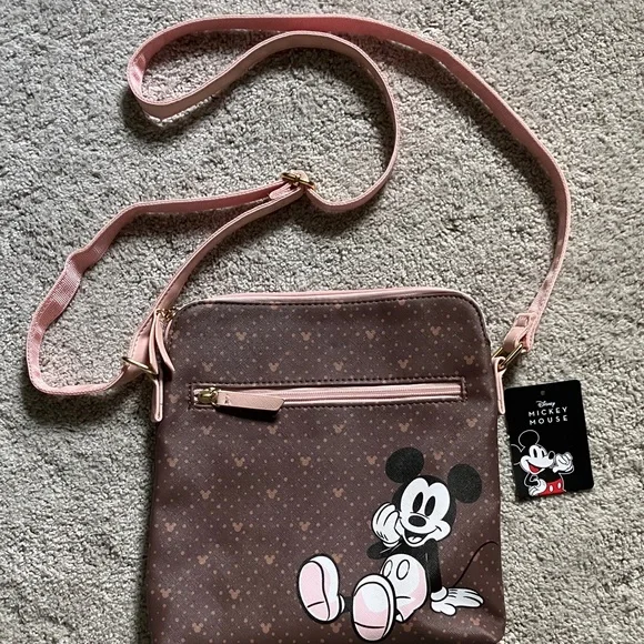 Disney Mickey Mouse Print Crossbody Purse Handbag Brown & Pink - Picture 1 of 8